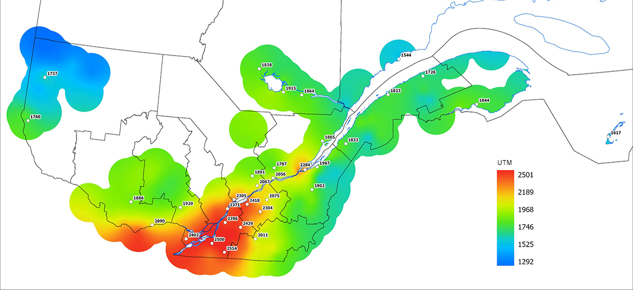 Ce graphique provient du site Agrométéo Québec. Il présente la cumulation des unités thermiques maïs (UTM) à partir du 15 mai 2023. Pour obtenir des informations plus précises, visitez le site d'Agrométéo Québec à partir du lien suivant ce graphique.