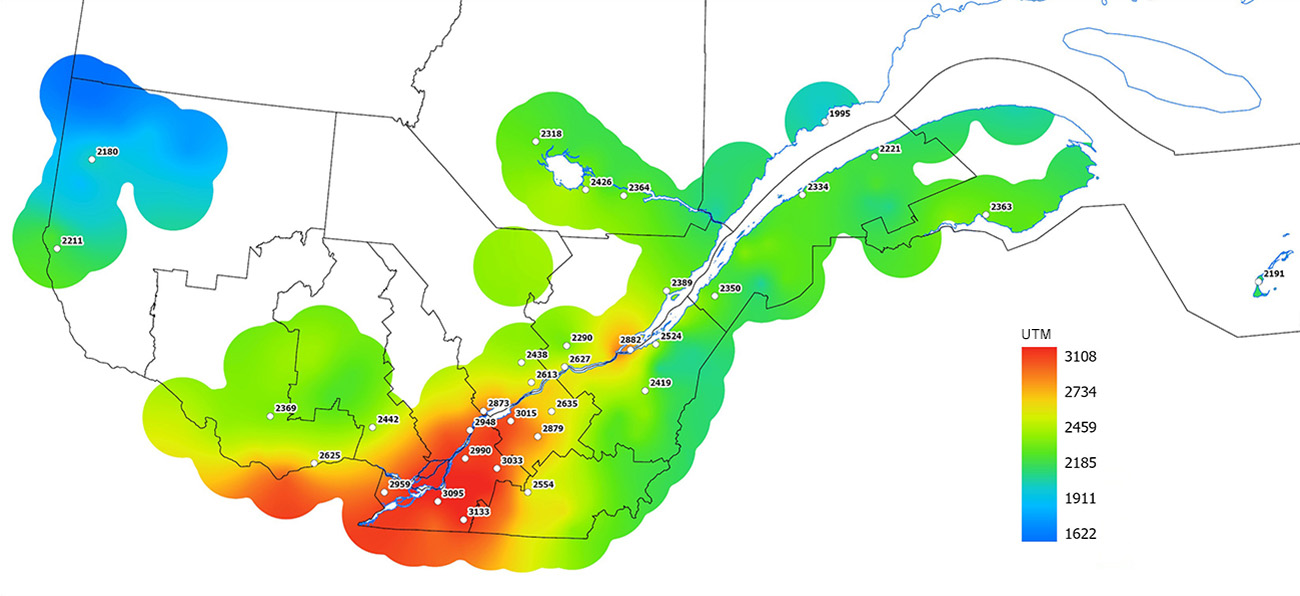 Ce graphique provient du site Agrométéo Québec. Il présente la cumulation des unités thermiques maïs (UTM) à partir du 15 mai 2023. Pour obtenir des informations plus précises, visitez le site d'Agrométéo Québec à partir du lien suivant ce graphique.