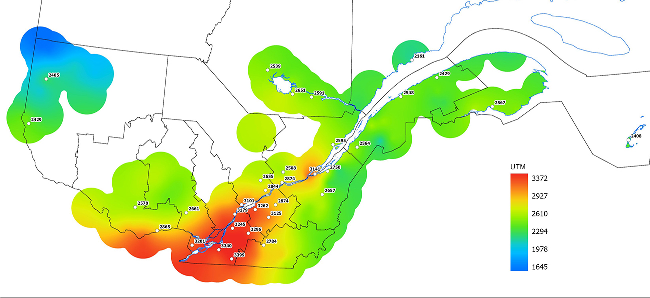 Ce graphique provient du site Agrométéo Québec. Il présente la cumulation des unités thermiques maïs (UTM) à partir du 15 mai 2023. Pour obtenir des informations plus précises, visitez le site d'Agrométéo Québec à partir du lien suivant ce graphique.