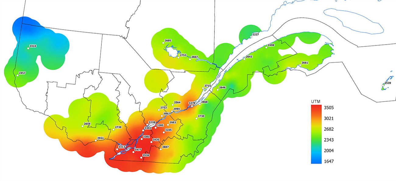 Ce graphique provient du site Agrométéo Québec. Il présente la cumulation des unités thermiques maïs (UTM) à partir du 15 mai 2023. Pour obtenir des informations plus précises, visitez le site d'Agrométéo Québec à partir du lien suivant ce graphique.