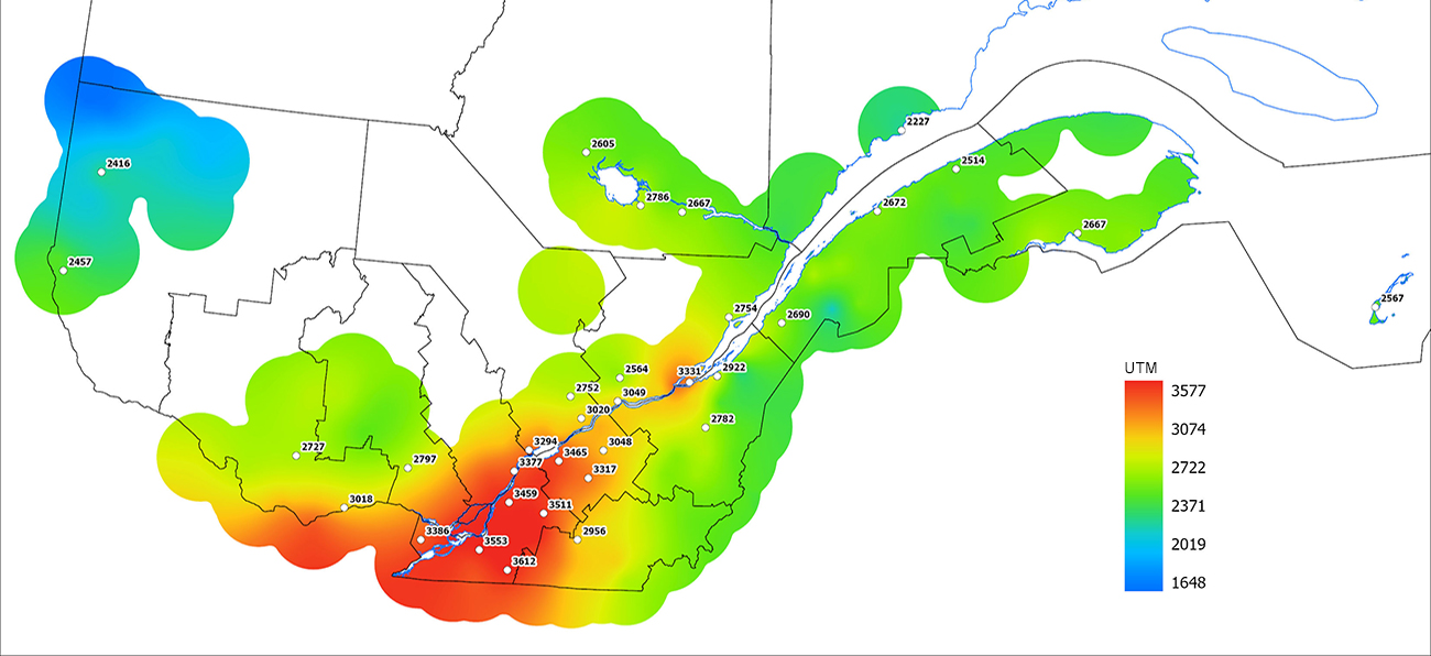 Ce graphique provient du site Agrométéo Québec. Il présente la cumulation des unités thermiques maïs (UTM) à partir du 15 mai 2023. Pour obtenir des informations plus précises, visitez le site d'Agrométéo Québec à partir du lien suivant ce graphique.