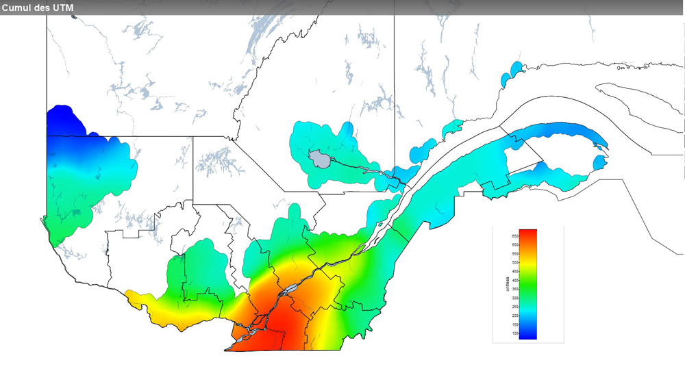 Ce graphique provient du site Agrométéo Québec. Il présente la cumulation des unités thermiques maïs (UTM) à partir du 15 mai. Pour obtenir des informations plus précises, visitez le site d'Agrométéo Québec à partir du lien suivant ce graphique.