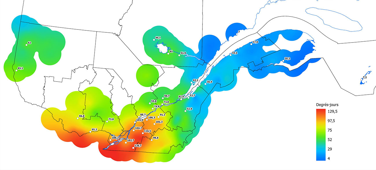 Ce graphique provient du site Agrométéo Québec. Il présente la cumulation des degrés-jours à partir du premier avril (base 5 degrés). Pour obtenir des informations plus précises, visitez le site d'Agrométéo Québec à partir du lien suivant ce graphique.