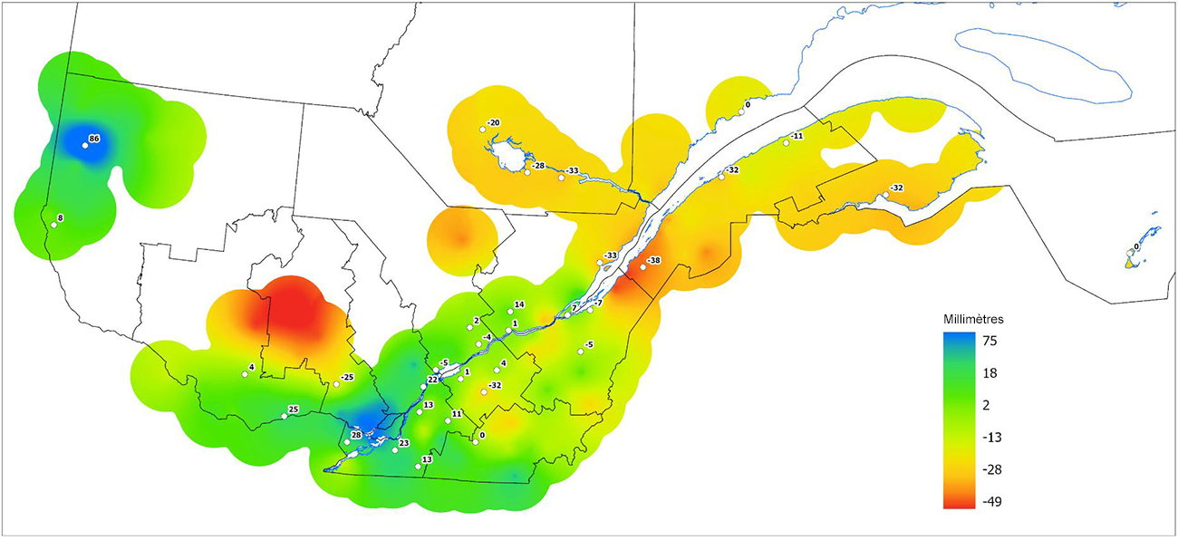 Ce graphique provient du site Agrométéo Québec. Il présente les précipitations (mm) à partir du premier avril. Pour obtenir des informations plus précises, visitez le site d'Agrométéo Québec à partir du lien suivant ce graphique.