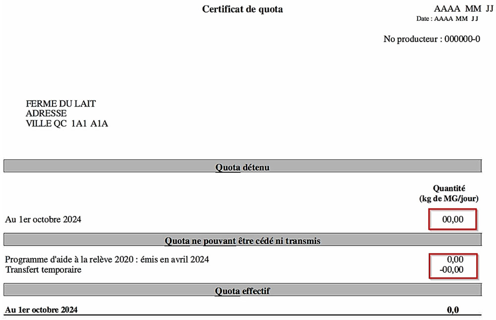 Exemple d'un certificat de quota