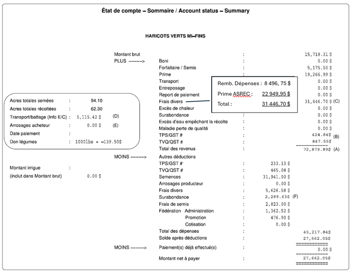 État de compte sommaire pour une production de haricots verts.