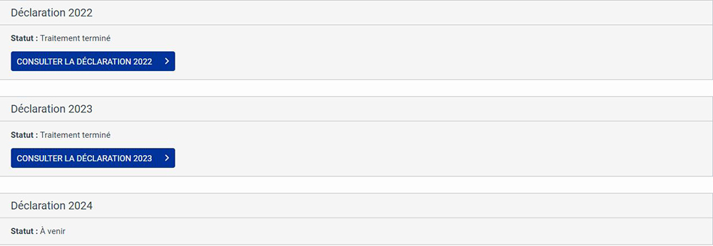 Exemple de présentation des trois déclarations et du statut de chacune pour 2022.