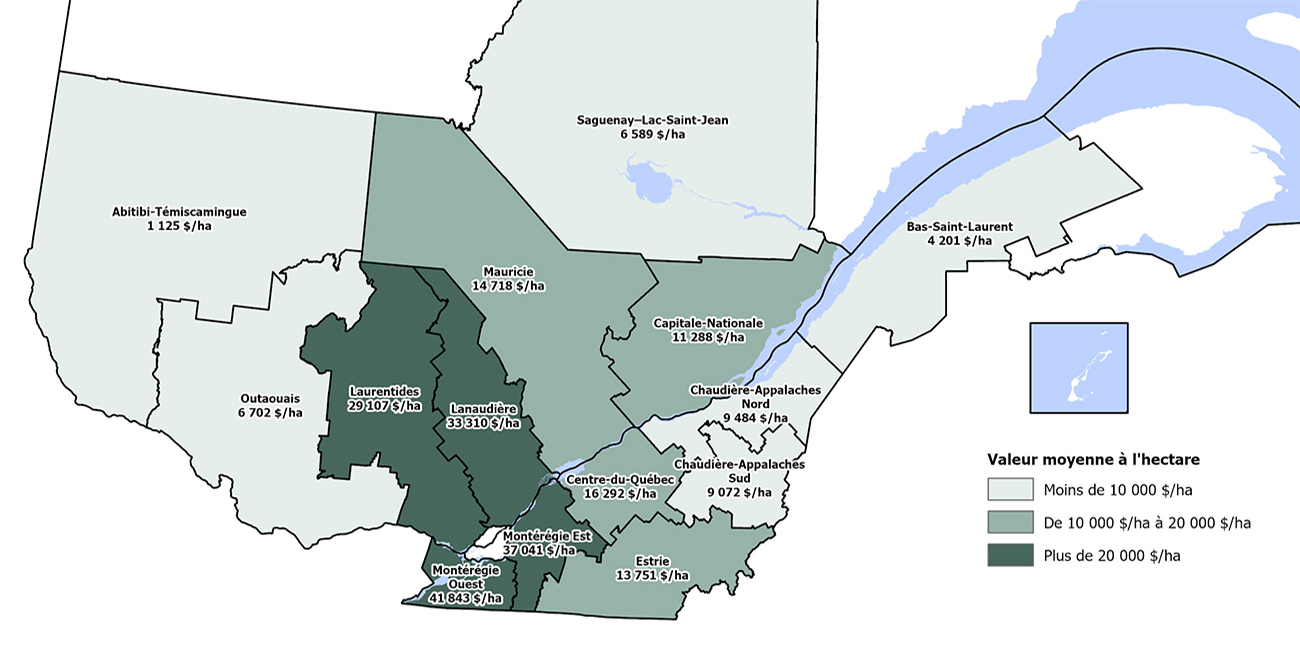 Les données de la carte se retrouvent dans le tableau précédent dans la colonne Moyenne 2022 ($/ha)