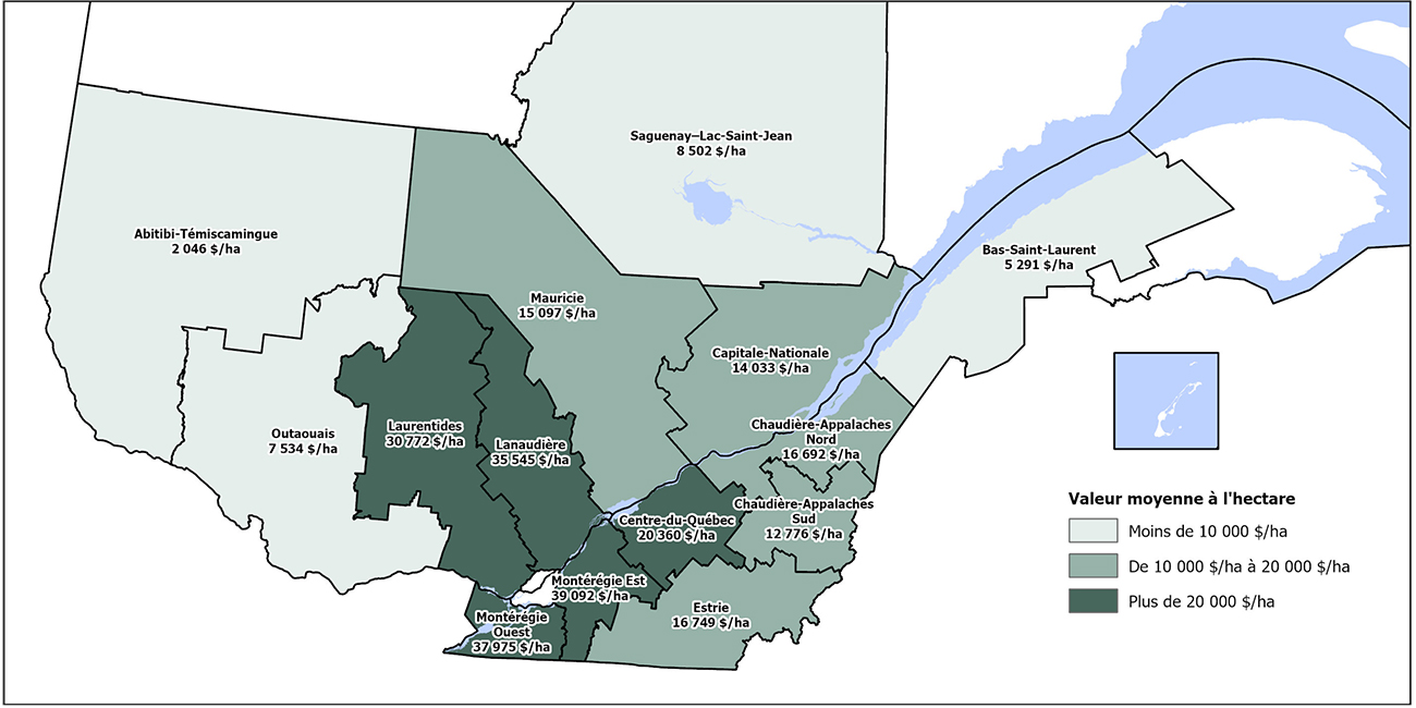 Les données de la carte se retrouvent dans le tableau précédent dans la colonne Moyenne 2023 ($/ha)